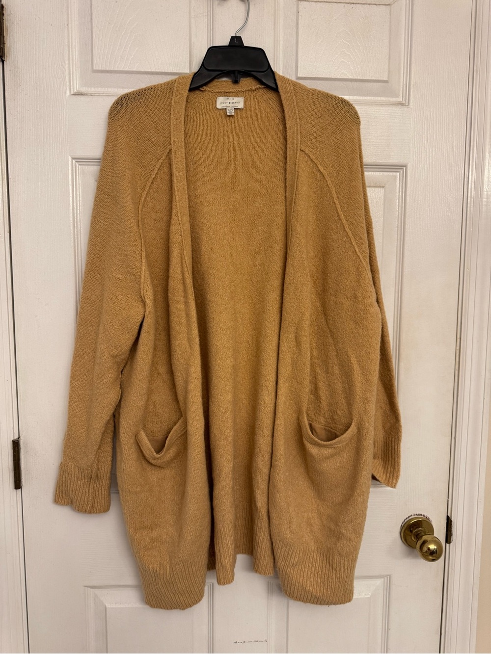 Lucky Brand Camel Open Front Cardigan XL Long Sleeve Knit Sweater Pockets